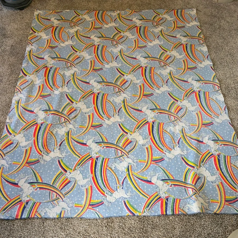 VintageUnicorn‎ Rainbow Fleece Blanket Blue Twin Large Throw 86x72